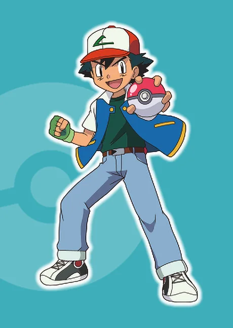 Official Pokémon anime art of Ash Ketchum holding a Poké Ball in his original-series outfit