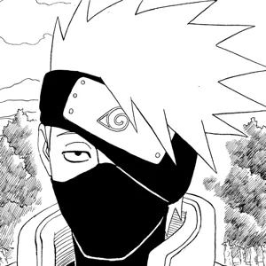 Official manga portrait of Kakashi Hatake with his forehead protector covering one eye
