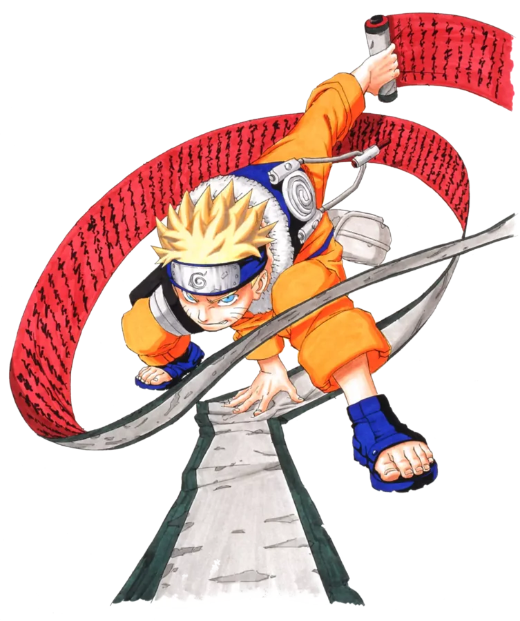 Official Naruto illustration of Naruto Uzumaki charging forward among unfurled scrolls