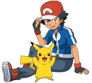 Official Pokémon anime art of Pikachu standing cheerfully in front of Ash Ketchum