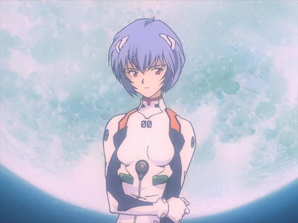 Rei Ayanami standing quietly in her white plugsuit in the Neon Genesis Evangelion anime